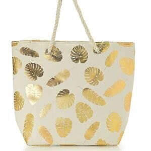 Metallic Gold Foil Leaf Pattern on White Canvas Tote Bag